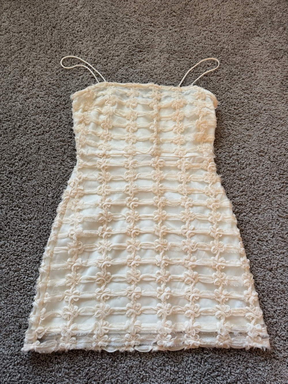 Storia Cream Floral Appliqué Spaghetti Strap Mini Dress